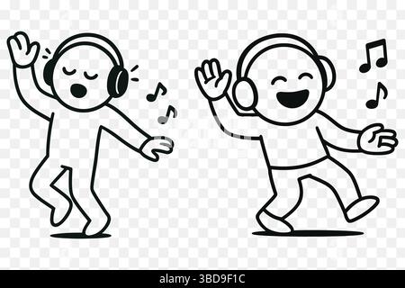 Personnages de dessins animés heureux écoutant de la musique avec des écouteurs – Fun Doodle Line Art Illustration de Vecteur