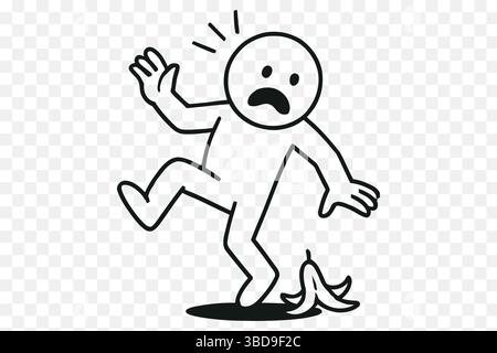 Funny Cartoon Slip sur Banana Peel – Vector Stick Figurine Falling Illustration de Vecteur