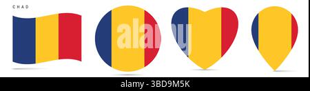 Chad agitant drapeau, badge autocollant rond cercle, icône en forme de coeur, épingle de carte. Boutons de drapeau tchadien de différentes formes. Illustration vectorielle isolée sur wh Illustration de Vecteur