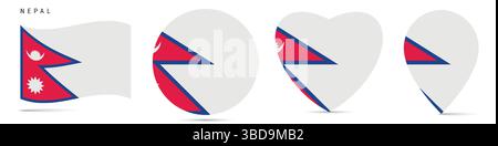 Népal agitant drapeau, badge de cercle, en forme de coeur, épingle de carte. Illustration vectorielle plate isolée Illustration de Vecteur