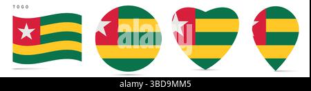 Togo agitant drapeau, badge autocollant cercle rond, icône en forme de coeur, épingle de carte. Boutons de drapeau de la République togolaise de différentes formes. Illustration vectorielle isol Illustration de Vecteur