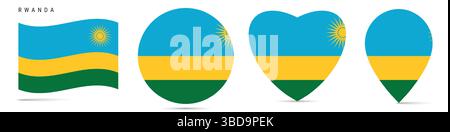 Rwanda agitant le drapeau, cercle rond autocollant badge, icône en forme de coeur, épingle de carte. Boutons de drapeau rwandais de différentes formes. Illustration vectorielle isolée sur Illustration de Vecteur