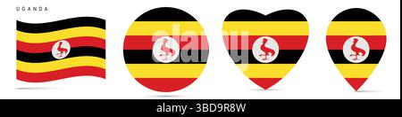 Drapeau ougandais agitant, badge autocollant circulaire rond, icône en forme de coeur, épingle de carte. Boutons de drapeau ougandais de différentes formes. Illustration vectorielle isolée sur Illustration de Vecteur