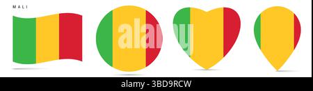 Mali agitant drapeau, badge cercle, en forme de coeur, épingle de carte. Illustration vectorielle plate isolée Illustration de Vecteur