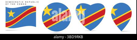 République démocratique du Congo agitant drapeau, badge circulaire, en forme de coeur, épingle de carte. Illustration vectorielle plate isolée Illustration de Vecteur