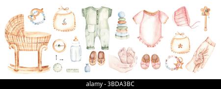 Newborn Baby set for boy and girl. Cradle, Toys and cute Infant accessories, metrics, Mother and Baby Hands and Feet in pastel colors. Watercolor hand Banque D'Images