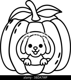 Coloriage, chiot dans une citrouille, arrière-plan, Art vectoriel, contour mignon, avec simple dessin au trait gras, noir et blanc, dessin au trait, style dessin animé, ligne Ar Illustration de Vecteur