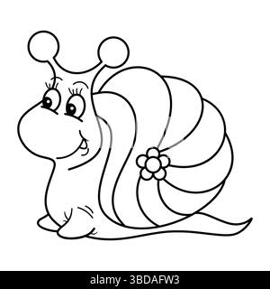 Escargot de dessin animé avec coquille de fleur. Il s'agit d'un dessin au trait noir et blanc d'un mignon escargot de style bande dessinée avec une expression joyeuse. Illustration de Vecteur