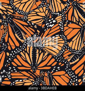 Modèle sans couture avec des papillons monarques orange dessinés à la main. Répéter le papier peint de bel insecte tropical Illustration de Vecteur