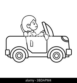 Voiture de dessin animé avec Driver Outline. Cette illustration vectorielle en noir et blanc montre un personnage de dessin animé conduisant une voiture décapotable. Illustration de Vecteur