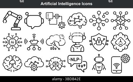 Les icônes d'intelligence artificielle définissent les symboles de la technologie d'apprentissage automatique Illustration de Vecteur