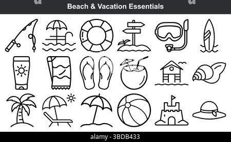 Vacances à la plage essentiels ligne icônes voyage d'été Illustration de Vecteur