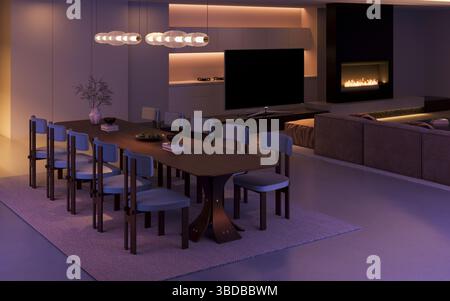 Vue nocturne de la même salle à manger. Ici, l'accent est mis sur l'éclairage ambiant qui combine des tons chauds (autour de la cheminée et des étagères) avec le refroidisseur, Banque D'Images