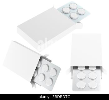 Plaquettes thermoformées contenant des comprimés blancs ronds à l’intérieur de la boîte d’emballage. Modèle de maquette, ensemble de vues à angles multiples. Rendu 3D isolé sur fond blanc Banque D'Images