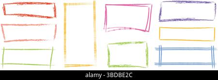 Ensemble de cadres rectangulaires colorés de style craie dessinés à la main. Grunge Doodle design parfait pour les étiquettes, notes, faits saillants, présentations, rétro-thème Illustration de Vecteur