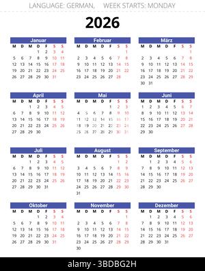 Calendrier ALLEMAND de 2026 ans. Illustration vectorielle pour l'Allemagne Illustration de Vecteur