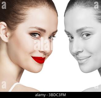 Portrait comparatif de jeune femme avec et sans maquillage Banque D'Images