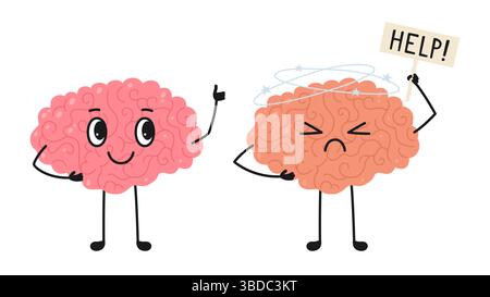 Deux cerveaux mascotte saine et malsaine illustration enfantine de dessin animé. Cerveau heureux donnant les pouces vers le haut ou triste caractère malade. Vérifiez la santé de l'organe mental du cerveau. Affiche comique médicale vectorielle Illustration de Vecteur