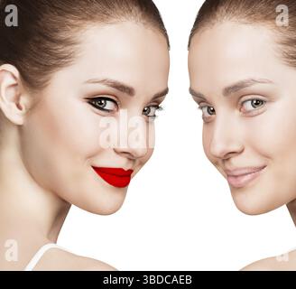 Portrait comparatif de jeune femme avec et sans maquillage Banque D'Images