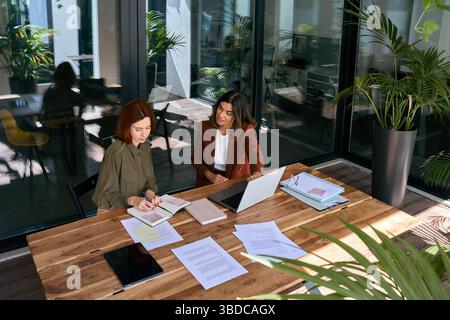 Deux femmes d'affaires occupées jeunes et d'âge moyen parlant dans un bureau vert. Banque D'Images