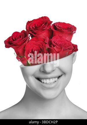 Boquet de roses dans Beautiful woman', s demi-tête isolé sur blanc Banque D'Images