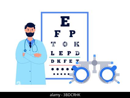 Illustration d'un examen de la vue avec une monture d'essai ophtalmique. Un test de diagramme de l'oeil évalue l'acuité visuelle en mesurant la clarté avec laquelle un patient peut voir les lettres ou d'autres symboles à une distance spécifique. Une monture d'essai ophtalmique est une monture de lunettes ajustable conçue pour contenir divers verres d'essai pour tester la vision et trouver la prescription correcte. Banque D'Images