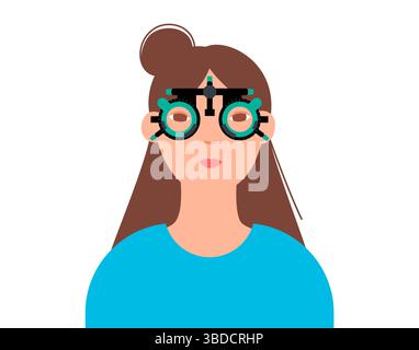 Illustration d'une monture d'essai ophtalmique. Il s'agit d'une monture de lunettes réglable conçue pour tenir divers verres d'essai pour tester la vision et trouver la prescription correcte. Il est utilisé par les ophtalmologistes et les optométristes pour évaluer les erreurs de réfraction d'un patient, comme la myopie (myopie) et l'astigmatisme. Banque D'Images