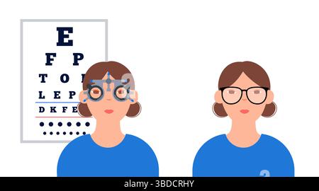 Illustration d'un examen de la vue avec une monture d'essai ophtalmique. Un test de diagramme de l'oeil évalue l'acuité visuelle en mesurant la clarté avec laquelle un patient peut voir les lettres ou d'autres symboles à une distance spécifique. Une monture d'essai ophtalmique est une monture de lunettes ajustable conçue pour contenir divers verres d'essai pour tester la vision et trouver la prescription correcte. Banque D'Images
