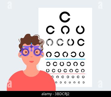 Illustration d'un examen de la vue avec une monture d'essai ophtalmique. Un test de diagramme de l'oeil évalue l'acuité visuelle en mesurant la clarté avec laquelle un patient peut voir les lettres ou d'autres symboles à une distance spécifique. Une monture d'essai ophtalmique est une monture de lunettes ajustable conçue pour contenir divers verres d'essai pour tester la vision et trouver la prescription correcte. Banque D'Images