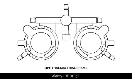 Illustration d'une monture d'essai ophtalmique. Il s'agit d'une monture de lunettes réglable conçue pour tenir divers verres d'essai pour tester la vision et trouver la prescription correcte. Il est utilisé par les ophtalmologistes et les optométristes pour évaluer les erreurs de réfraction d'un patient, comme la myopie (myopie) et l'astigmatisme. Banque D'Images