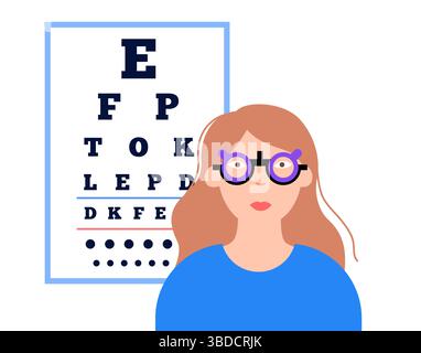 Illustration d'un examen de la vue avec une monture d'essai ophtalmique. Un test de diagramme de l'oeil évalue l'acuité visuelle en mesurant la clarté avec laquelle un patient peut voir les lettres ou d'autres symboles à une distance spécifique. Une monture d'essai ophtalmique est une monture de lunettes ajustable conçue pour contenir divers verres d'essai pour tester la vision et trouver la prescription correcte. Banque D'Images
