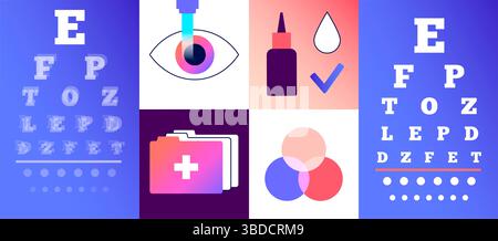 Illustration d'un examen et d'un traitement oculaires. Un test de diagramme de l'oeil évalue l'acuité visuelle en mesurant la clarté avec laquelle un patient peut voir les lettres ou d'autres symboles à une distance spécifique. Les traitements correctifs comprennent la thérapie oculaire au laser et les lentilles de contact. Banque D'Images