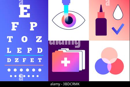 Illustration d'un examen et d'un traitement oculaires. Un test de diagramme de l'oeil évalue l'acuité visuelle en mesurant la clarté avec laquelle un patient peut voir les lettres ou d'autres symboles à une distance spécifique. Les traitements correctifs comprennent la thérapie oculaire au laser et les lentilles de contact. Banque D'Images