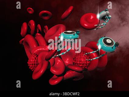 Illustration montrant des nanorobots médicaux voyageant à l'intérieur de la circulation sanguine. Banque D'Images