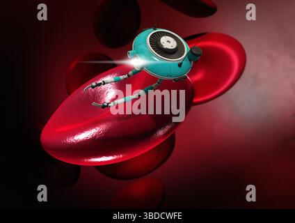 Illustration montrant un nanorobot médical voyageant à l'intérieur de la circulation sanguine. Banque D'Images