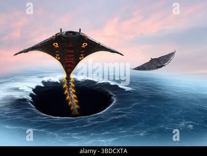 Illustration d'un phénomène aérien non identifié (PAN) émergeant d'un océan. Banque D'Images