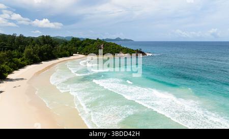 Le sable doré s'étend le long de la plage, bordée par une végétation tropicale luxuriante. Seychelles, Mahé. Plage de Grand Anse. Banque D'Images
