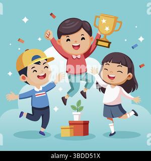 Joyeux enfants saute avec le trophée du gagnant et les confettis Illustration de Vecteur