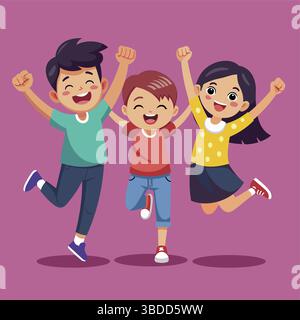 Trois Happy Kids Jumping avec Joy Cartoon illustration Illustration de Vecteur