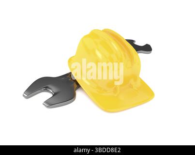 Casque de construction avec une clé sur un fond blanc, 3D Rendering Banque D'Images