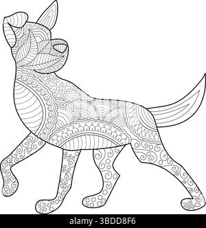Illustration d'art de ligne noir et blanc d'un chien qui marche rempli de motifs abstraits complexes. Parfait pour les livres de coloriage, les activités de pleine conscience, un Illustration de Vecteur