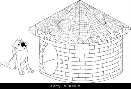 Illustration de contour noir et blanc d'un chien mignon assis patiemment à côté d'une maison de chien avec un toit à motifs élaborés. Parfait pour le livre de coloriage Illustration de Vecteur