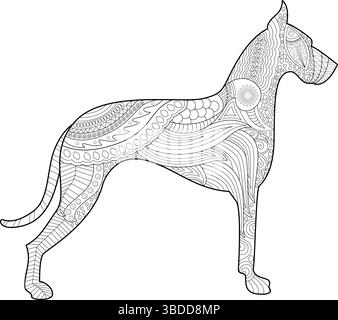 Illustration d'art au trait complexe d'un grand chien danois dans un style zentangle, parfait pour les livres de coloriage pour adultes, la relaxation, l'artisanat et la conception décorative. Illustration de Vecteur