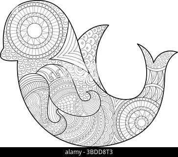 Illustration détaillée d'art au trait noir et blanc d'un dauphin stylisé avec des motifs complexes zentangle et mandala, parfait pour les livres de coloriage, relaxa Illustration de Vecteur