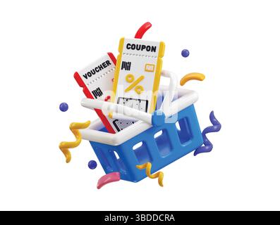 panier d'achat avec icône de coupon de réduction 3d concept de réduction d'achat de consommateur, chariot d'achat, illustration vectorielle de paiement de panier d'achat Illustration de Vecteur