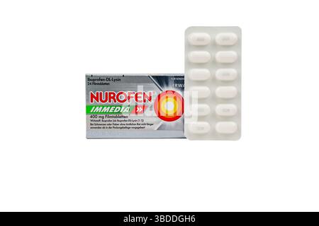 Allemagne Berlin 23 mai 2025. Nurofen Immedia avec plaquette thermoformée de comprimés. Comprimés de Nurofen Immedia dans leur emballage d’origine avec plaquette thermoformée visible. WH Banque D'Images