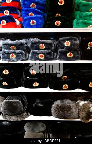 Chapeaux soviétiques ushanki chapeaux traditionnels de l'armée soviétique de différentes couleurs,fabriqués Pétersbourg, Russie. Banque D'Images