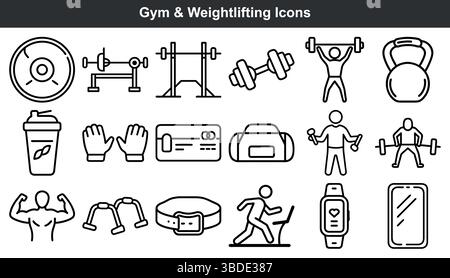 Gymnase haltérophilie icônes de fitness alignent des graphiques artistiques Illustration de Vecteur