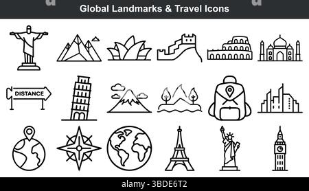 Repères mondiaux icônes de voyage ensemble de dessins au trait Illustration de Vecteur