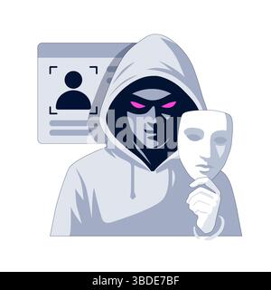 L'escroc tient un masque. Vol d'identité par usurpation d'identité numérique et profils volés. Le cybercriminel se cache derrière un faux masque pour exploiter l'utilisateur Illustration de Vecteur